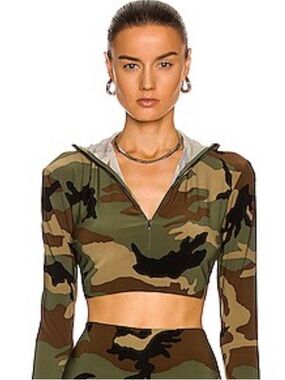Norma Kamali Green Camo Long-Sleeve Cropped Zip Top and Cargo Pants